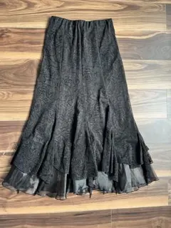 美品 花柄刺繍 黒ロングスカート フレアスカート 社交ダンスレッスン用 レース付