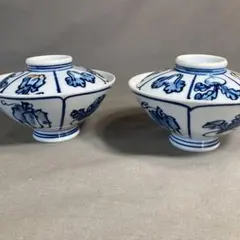 【源右衛門】古伊万里の伝統　日本の名窯　源右衛門作　染錦野菜絵　蓋付飯碗二客