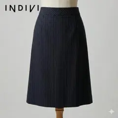 インディヴィ ピンストライプ ひざ丈フレアスカート ウール ネイビー 大きい