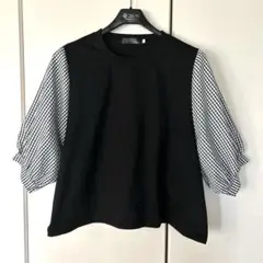 ブラック チェック柄 五分袖トップス