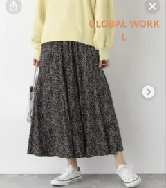 グローバルワーク サラサラサテンフレアワイドパンツ レオパード柄