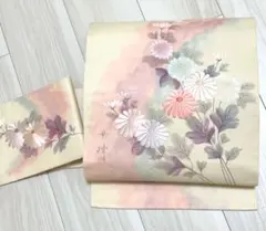 夏得セール【美品・高級 塩瀬帯】細かな模様の金彩、モダンな優しい洋