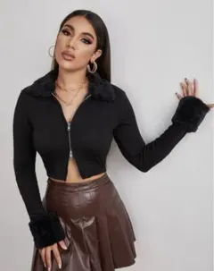 shein トップス　長袖　黒　ジッパーフライケーブルニット　クロップジャケット