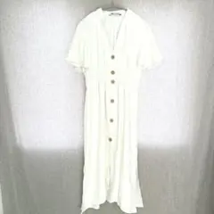 美品✦ZARA マキシシャツワンピース M オフ白 フレア袖 ウエストゴム