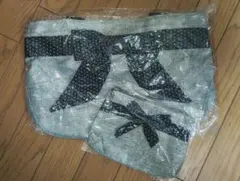 m【新品】リボン付きグレー布製バッグとポーチセット