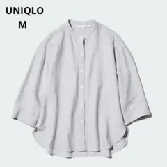 UNIQLO リネンブレンドバンドカラーシャツ　七分袖　ストライプ　グレー　M