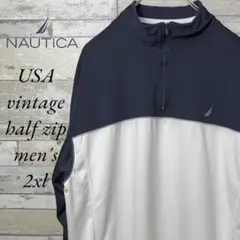 07）ノーティカNAUTICAハーフジップ　刺繍　長袖　ネイビー/白2XLビッグ