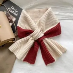 リボンマフラー ネックウォーマー ワインレッド ツートンカラー 秋冬 防寒
