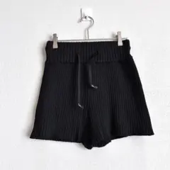 ムルーア リブ編み ニットショートパンツ ウエストゴム シンプル 無地 ブラック