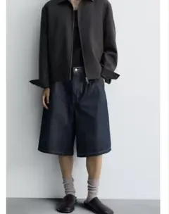 ZARA ザラ プリーツ入り　リラックスフィットデニムバミューダパンツ バギー