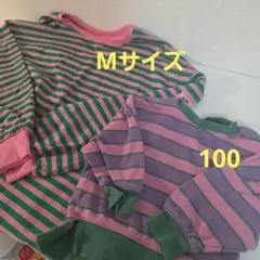 緑とピンクのストライプ長袖Tシャツ 100cm