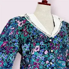 vintageヴィンテージワンピース花柄レース襟プリーツ切替レトロUSA海外古着