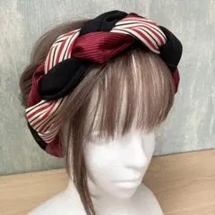 和風三つ編みターバン　着物リメイク　クロスターバン　ヘアバンド　赤系