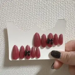 リボン付きワインレッドネイルチップ