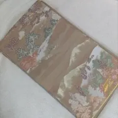 604-6　袋帯　二重太鼓　作り帯に変更可能　ベージュ系 　山景　花柄