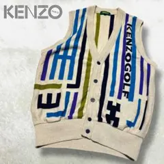 希少 90s KENZO ニット ベスト ストライプ 3D 総柄 ビックロゴ 3