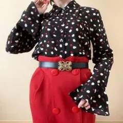 希少 不揃いドット柄 フリル袖 シャツブラウス 昭和レトロ 黒 白 赤 一点物