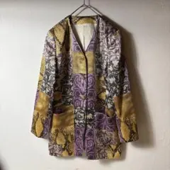 ヴィンテージ　レトロ　パッチワーク風デザイン　ジャケット　金ボタン　古着