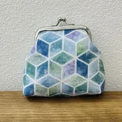 ハンドメイド　がま口財布　菱型　四角　立体　ブルー　グリーン