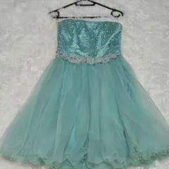 水色ビーズ装飾ストラップレスドレス ミント色