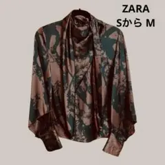 ZARA 柄ボータイブラウス　ブラウン＆ブラック長袖 袖肌見せデザイン