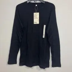 無印、黒、なめらか、リブ編み、クルーネック、長袖Ｔシャツ