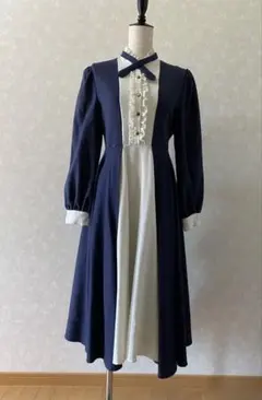 Favorite ワンピース 長袖 ネイビー ホワイト フリル ロング丈