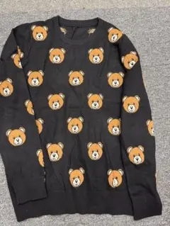 クマ柄ニットセーター 長袖 ブラック