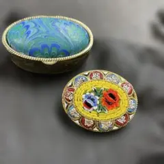 イタリアヴィンテージ マイクロモザイクブローチ Italyマーブルピルケース2点