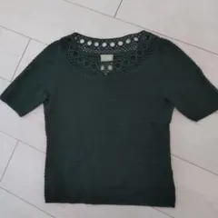 【オシャレ‼️】モスグリーン/半袖刺繍サマーセーター