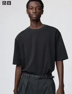 UNIQLO エアリズムコットンオーバーサイズTシャツ/5分袖 ブラック S