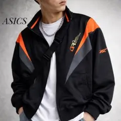 【日本製】アシックス トラックジャケット 黒×オレンジ 短丈 古着
