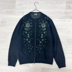 装飾カーディガン　ビーズ刺繍　花柄　ウール　裏地付き　M