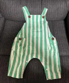Ocean & Ground 緑と白のストライプオーバーオール 80