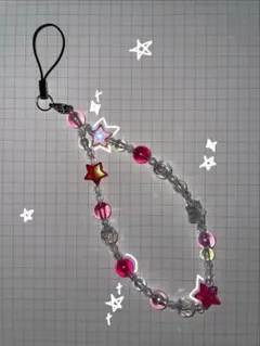 キーホルダー ビーズ スマホストラップ 星 ピンク 赤