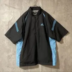 adidasアディダスナイロントラックジャケットハーフジップ黒ブラック青ブルー