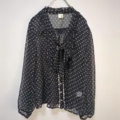 アロー(M)ドット柄シフォンブラウス＊ボウタイ＊長袖＊透け感＊レース＊きれカジ