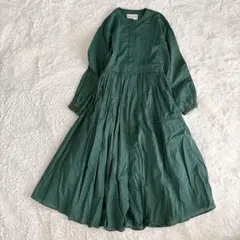 美品 ビアズリー ギャザーワンピース 洗える グリーン コットン フレア
