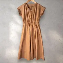 【Simplicité】綿100% Vネック ウエストゴム フレアワンピース