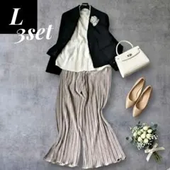 体型カバー セレモニーママスーツ3点L 黒×グレージュプリーツ ナノユニ 卒入学