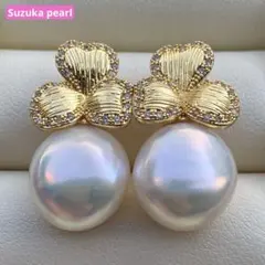 まとめ専用　本真珠　淡水バロックパールピアス　14mmホワイトオーロラP1199