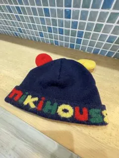 【美品】ミキハウス 耳付きニット帽 ネイビー