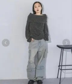 JEANASIS オフショルダー グレー ニットセーター