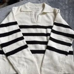 ホワイト・ブラックストライプ 長袖ポロセーター S