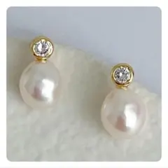 ドロップパール風×クリスタル風 ピアス ゴールド