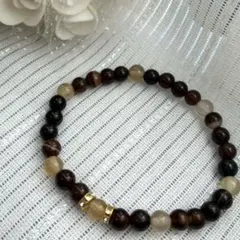 6ミリ天然石ハンドメイドブレスレット茶色ブラウンストーンゴールドパーツ15cm