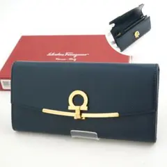 ✨Aランク・箱付き✨ Ferragamo 長財布 Wガンチーニ ガンチーニ 紺色