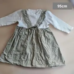 フリル 花柄刺繍 ワンピース グリーン 95cm コーデュロイ