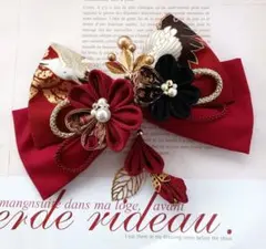 成人式髪飾り♡つまみ細工髪飾り赤×黒×白和リボン和装髪飾り　卒業式髪飾り七五三