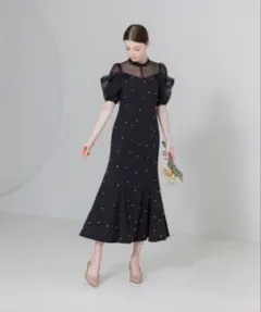 パールビジューオーガンジーレース パフスリーブマーメイドフレアロングワンピース